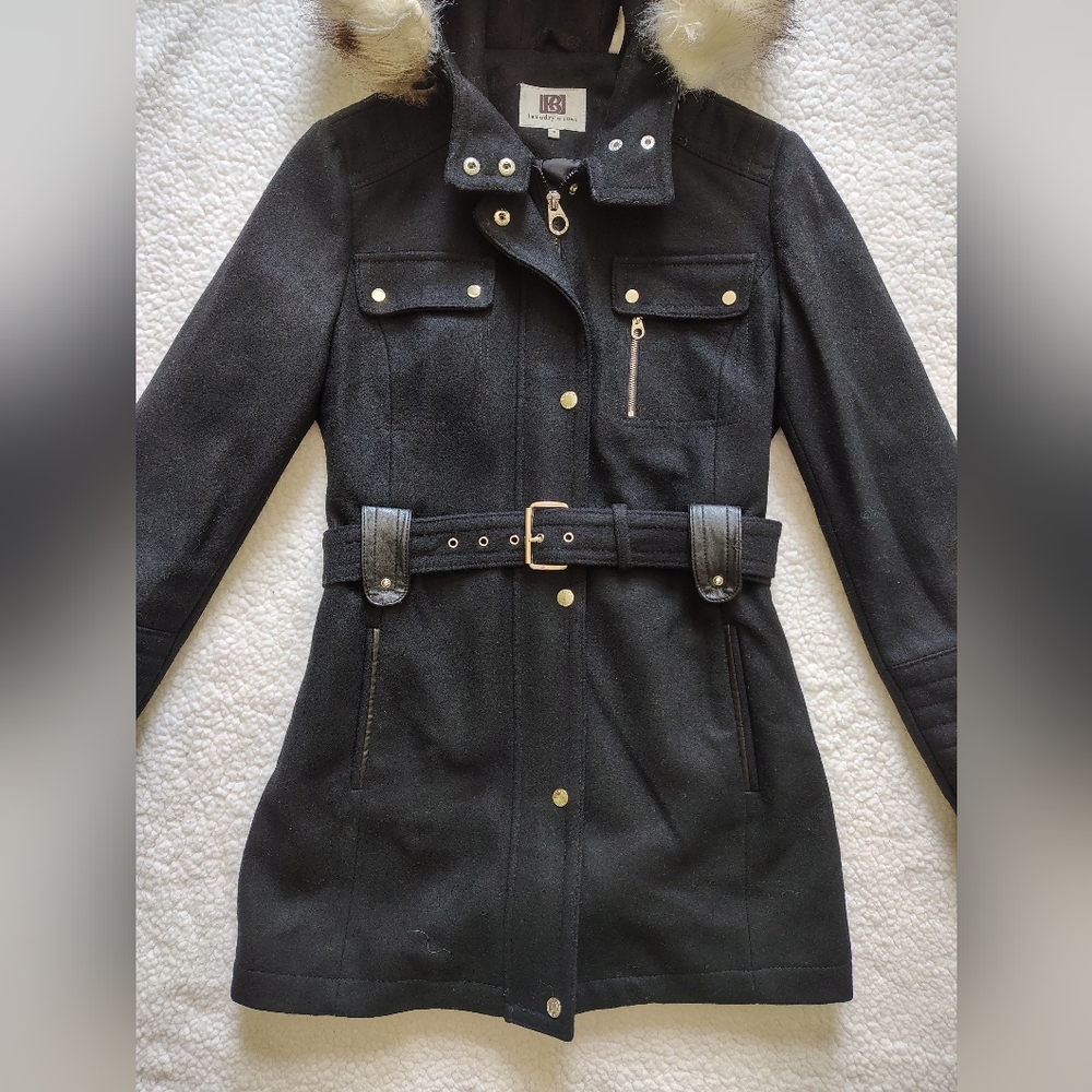 Laundry by Design Women's Medium Belted Wool Blend Coat w/ Faux Fur Hood Trim - Picture 2 of 16